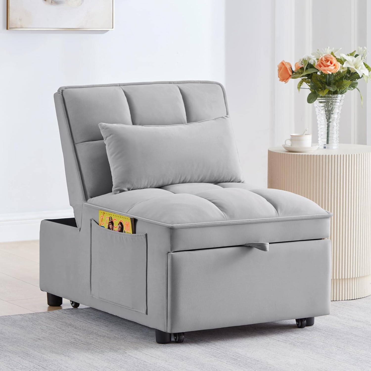 Alt View 2. Trinkets Crazed - 4 in1 Multi-Function Single Sofa Bed with Storage Pockets,Tufted Single Pull-out Sofa Bed with Adjustable Backrest - gray.