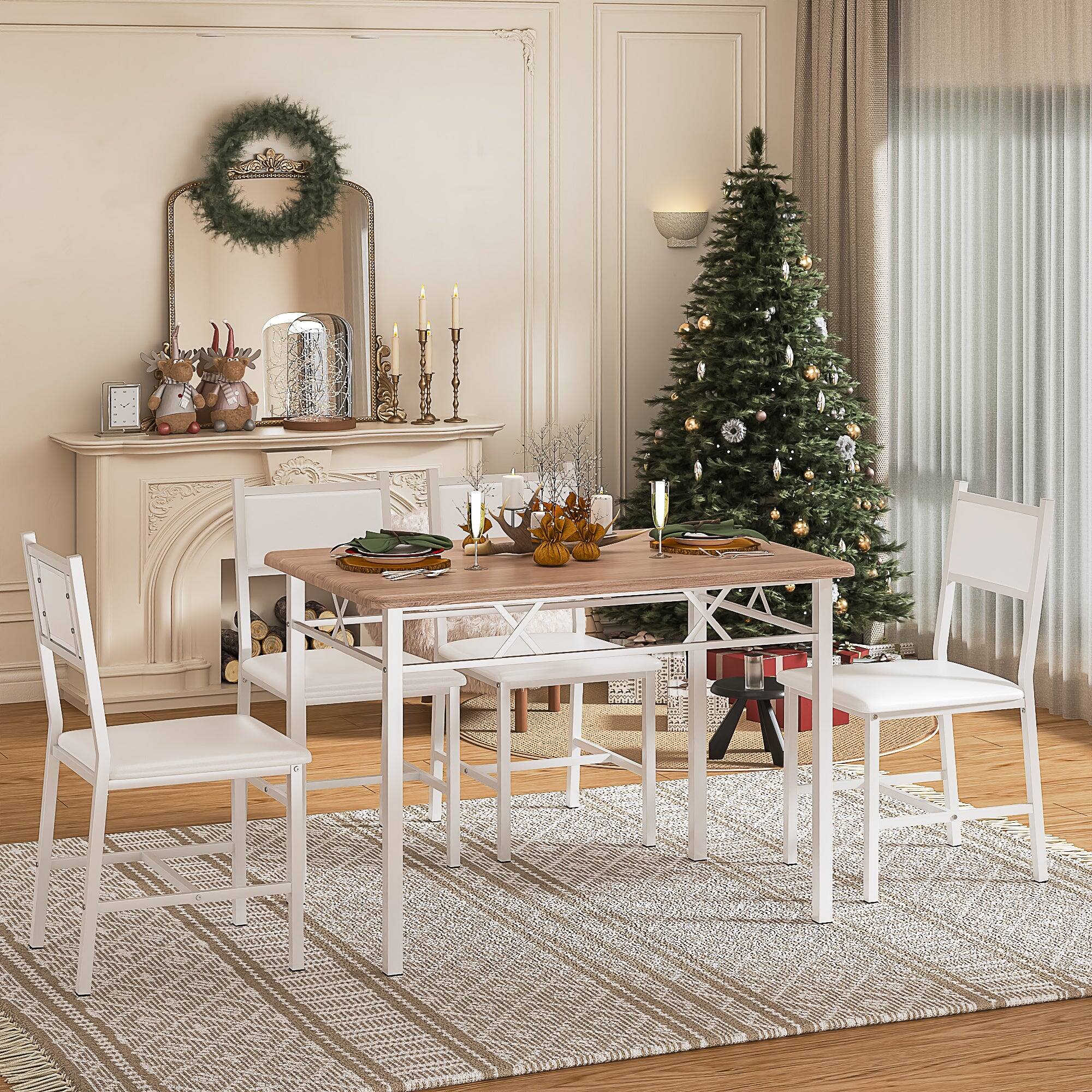 Alt View 6. Vecelo - 5-Piece Modern Dining Table Set with 4 Upholstered Chairs, Space-Saving Kitchen Table and Chairs Set for Small Spaces - Oak.