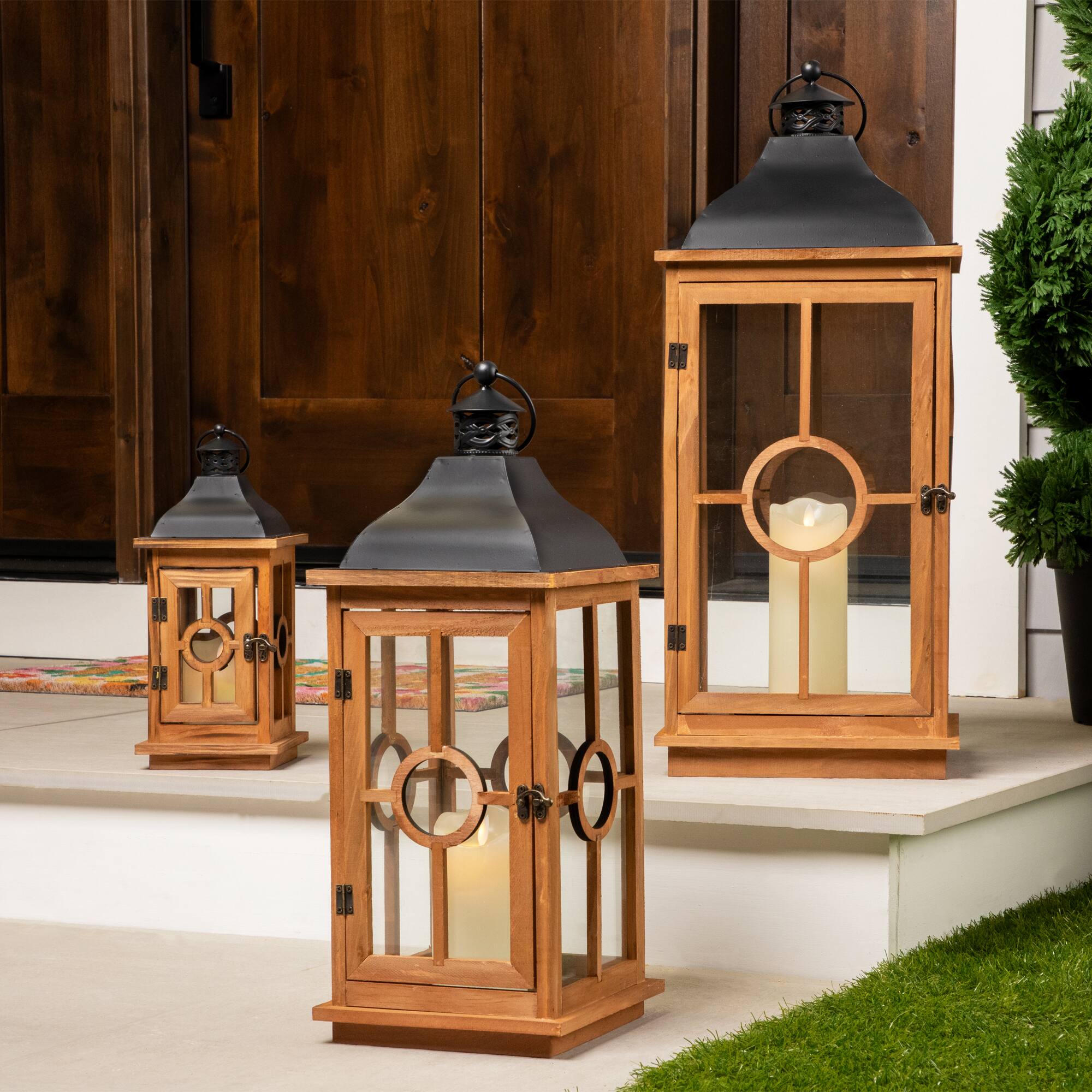 Northlight - Natural Wood Candle Lanterns with Black Metal Tops - 26.5" - Set of 3 - Brown