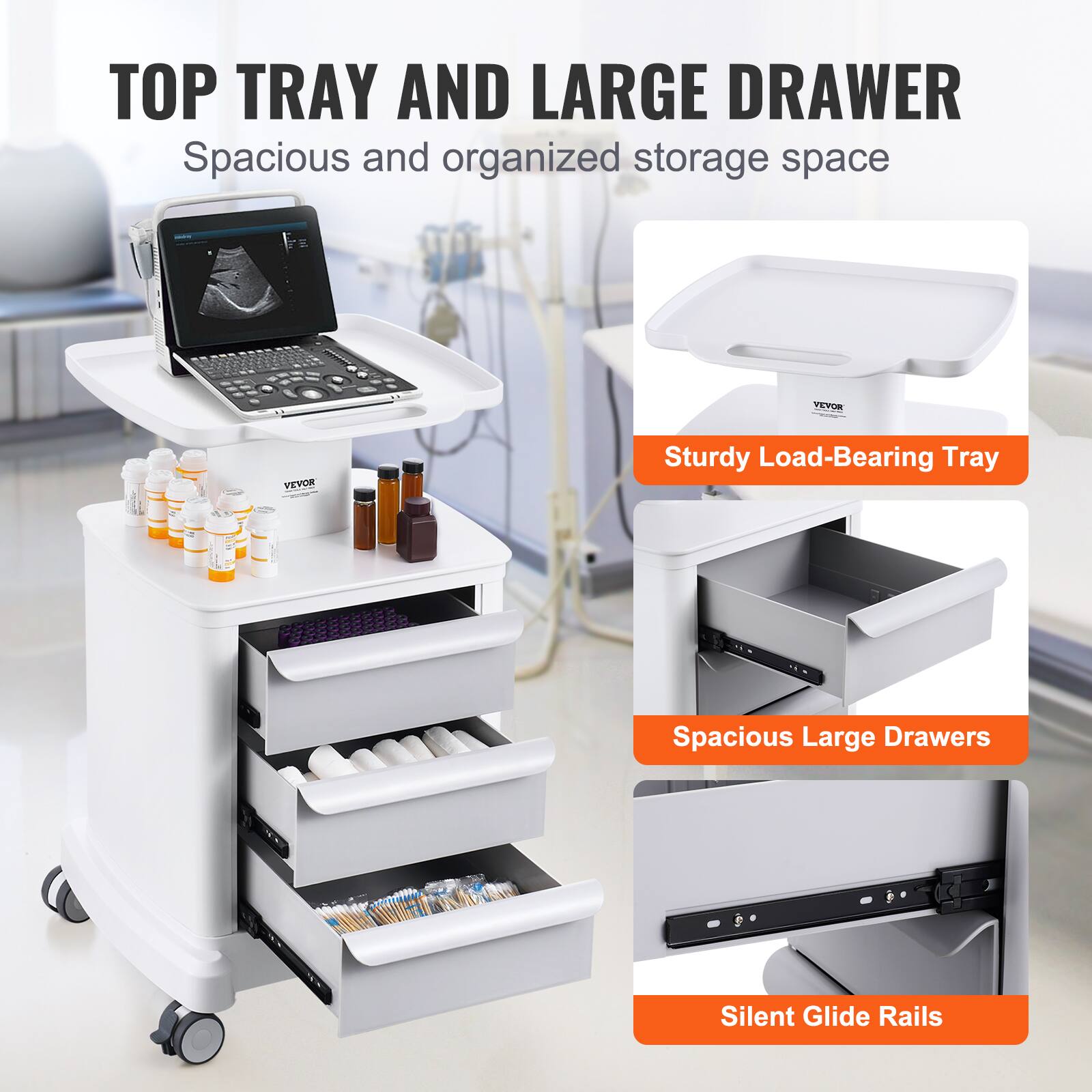 TOP TRAY AND LARGE DRAWER
Spacious and organized storage space
VEVOR
Sturdy Load-Bearing Tray
Spacious Large Drawers
Silent Glide Rails