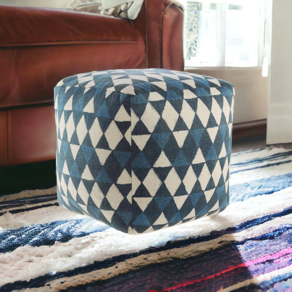 Back. Hivvago - Hivvago 20 Inch Cotton Geometric Pouf Ottoman - Blue, White.