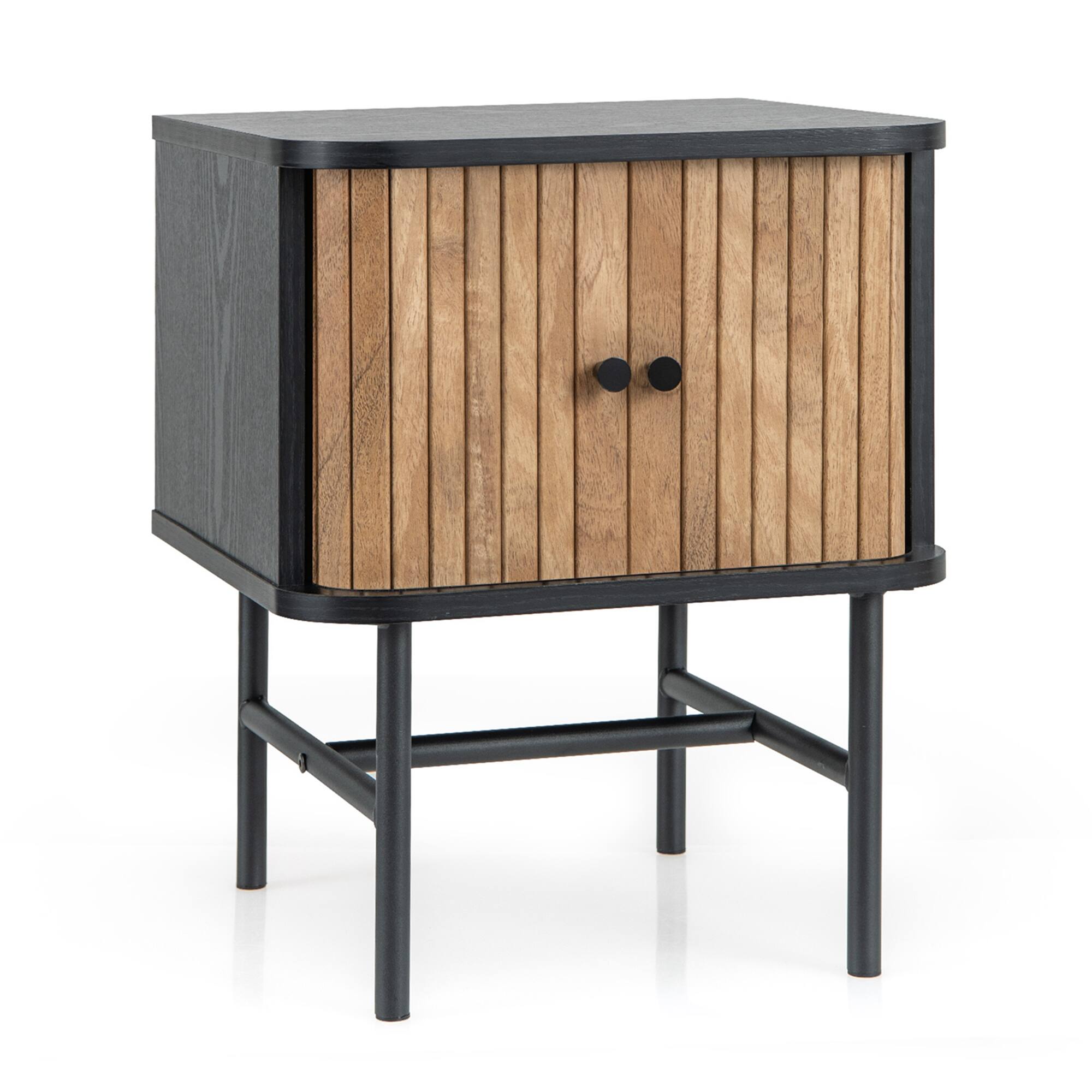 Front. Costway - Sliding Door Nightstand Mid-century Modern Storage End Table with Cabinet - Black.