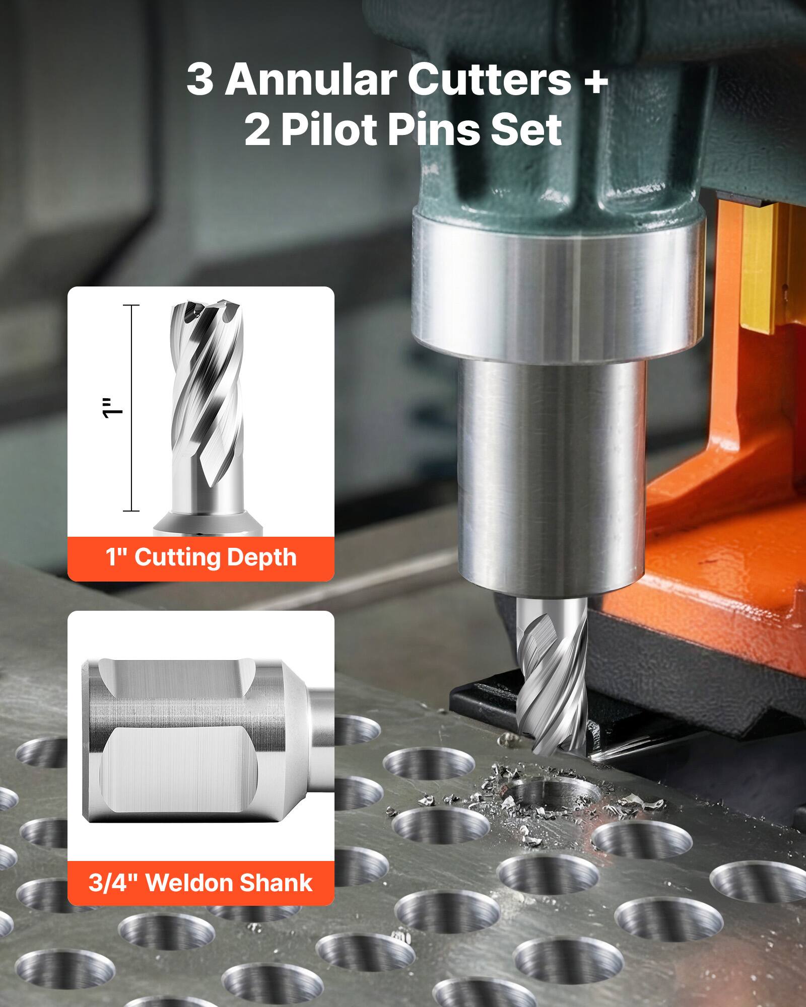 3 Annular Cutters + 2 Pilot Pins Set  
1" Cutting Depth  
3/4" Weldon Shank