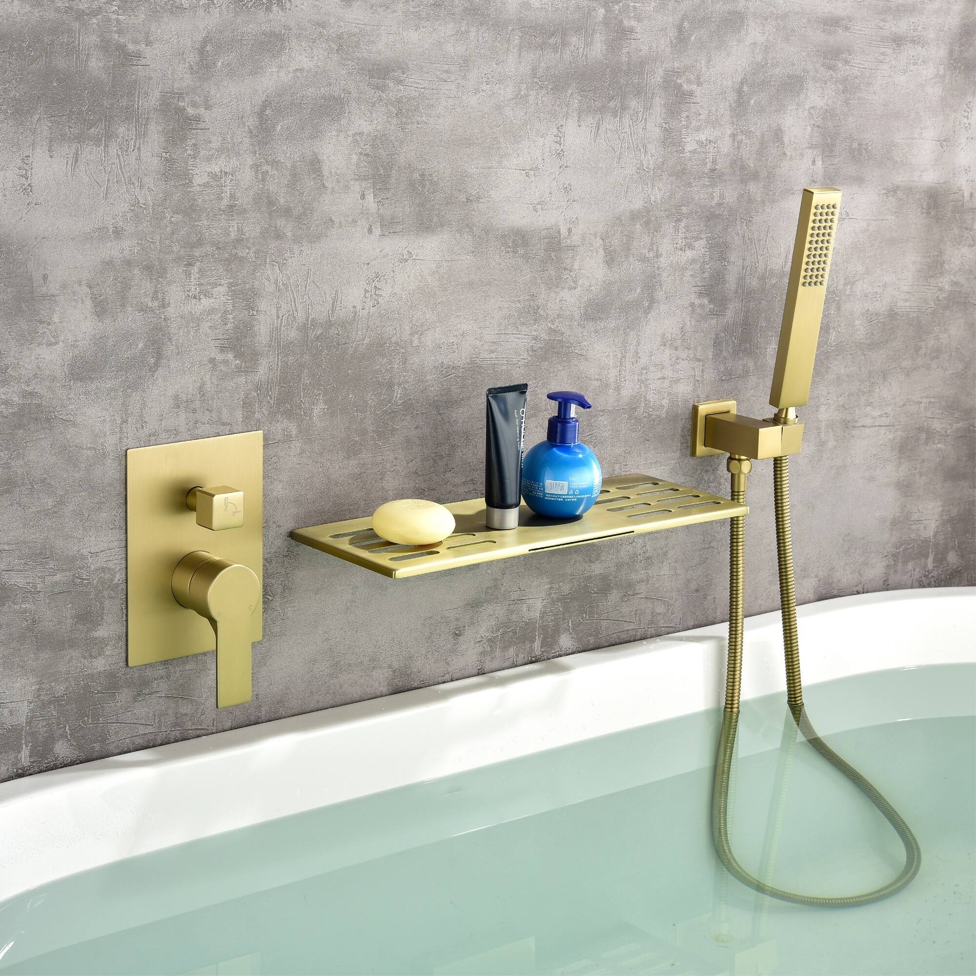 Alt View 1. Boyel Living - Brushed Gold Wall Mount Bathtub Faucet Brass SUS304 2-Function Valve Handheld 60-Inch Steel Hose cUPC - Brushed Gold.