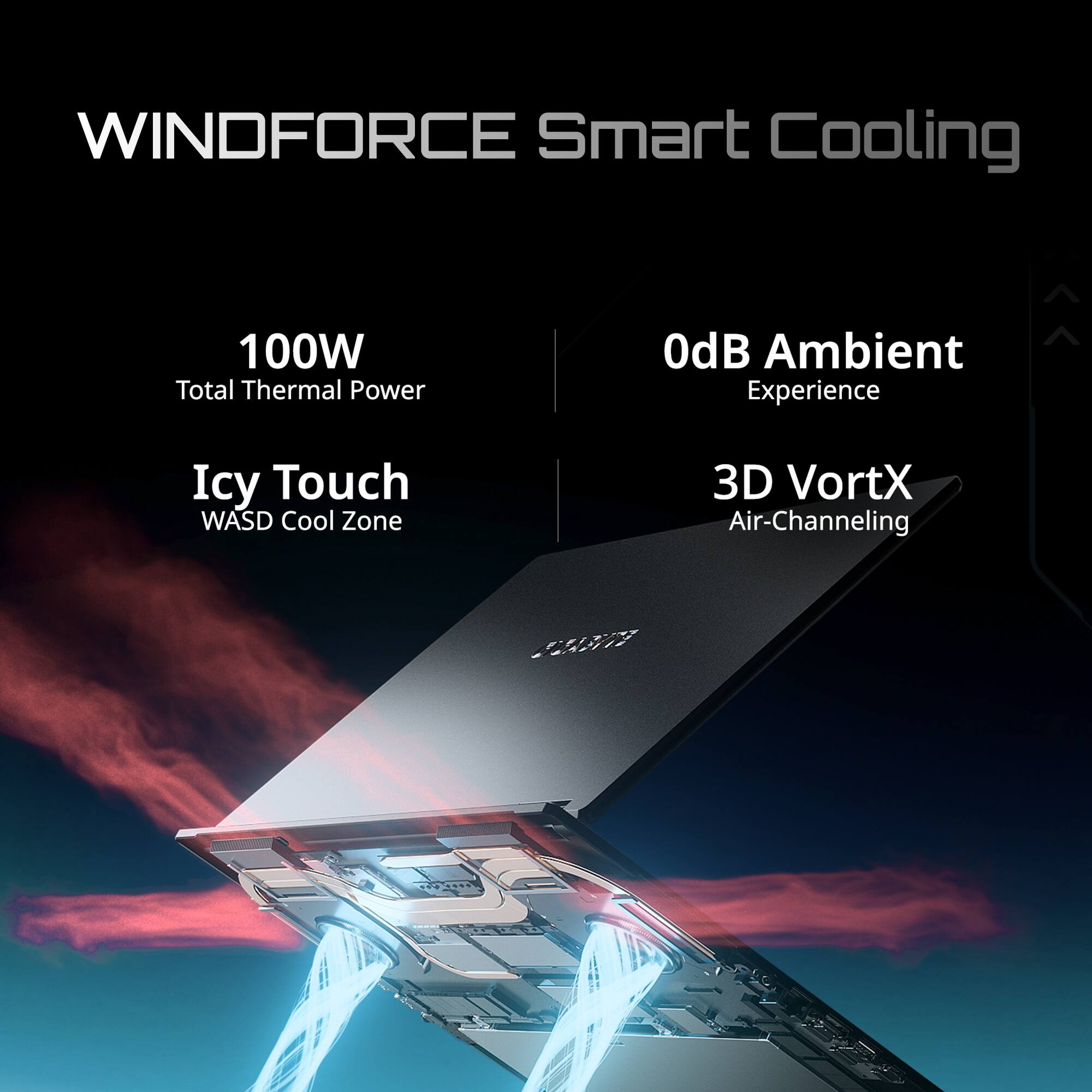 WINDFORCE Smart Cooling  
100W Total Thermal Power  
OdB Ambient Experience  
Icy Touch WASD Cool Zone  
3D VortX Air-Channeling