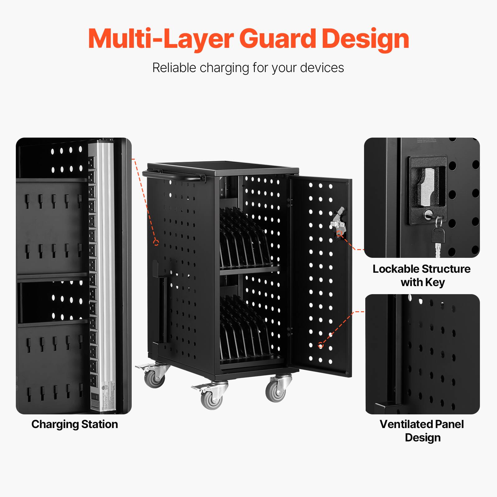 Multi-Layer Guard Design  
Reliable charging for your devices  

- Charging Station  
- Lockable Structure with Key  
- Ventilated Panel Design