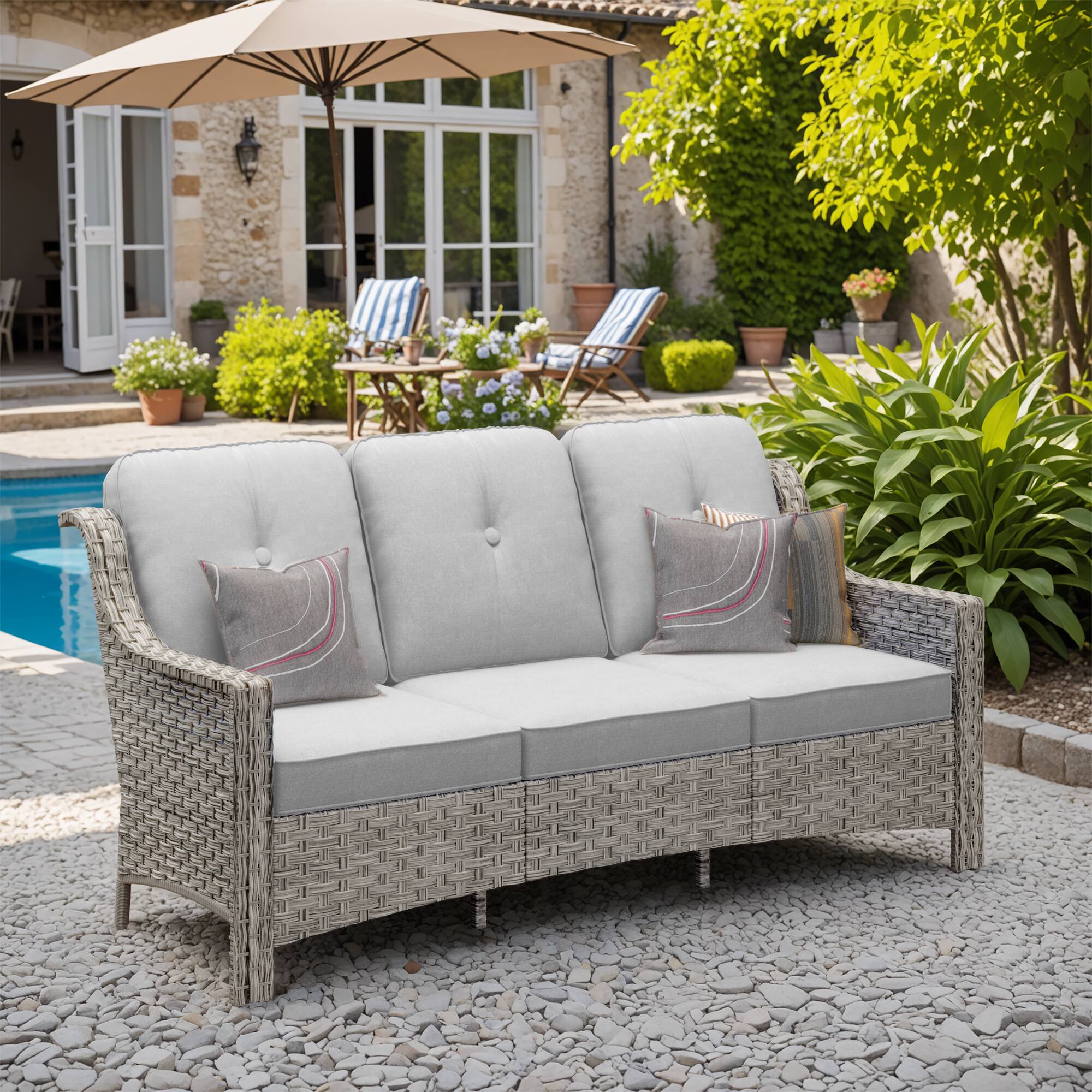 Ovios - 1 PCS Patio Furniture 3 Seat Sofa with Cushions All-Weather Rattan Couch for Backyard - Gray