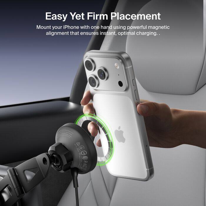 Easy Yet Firm Placement  
Mount your iPhone with one hand using powerful magnetic alignment that ensures instant, optimal charging.
