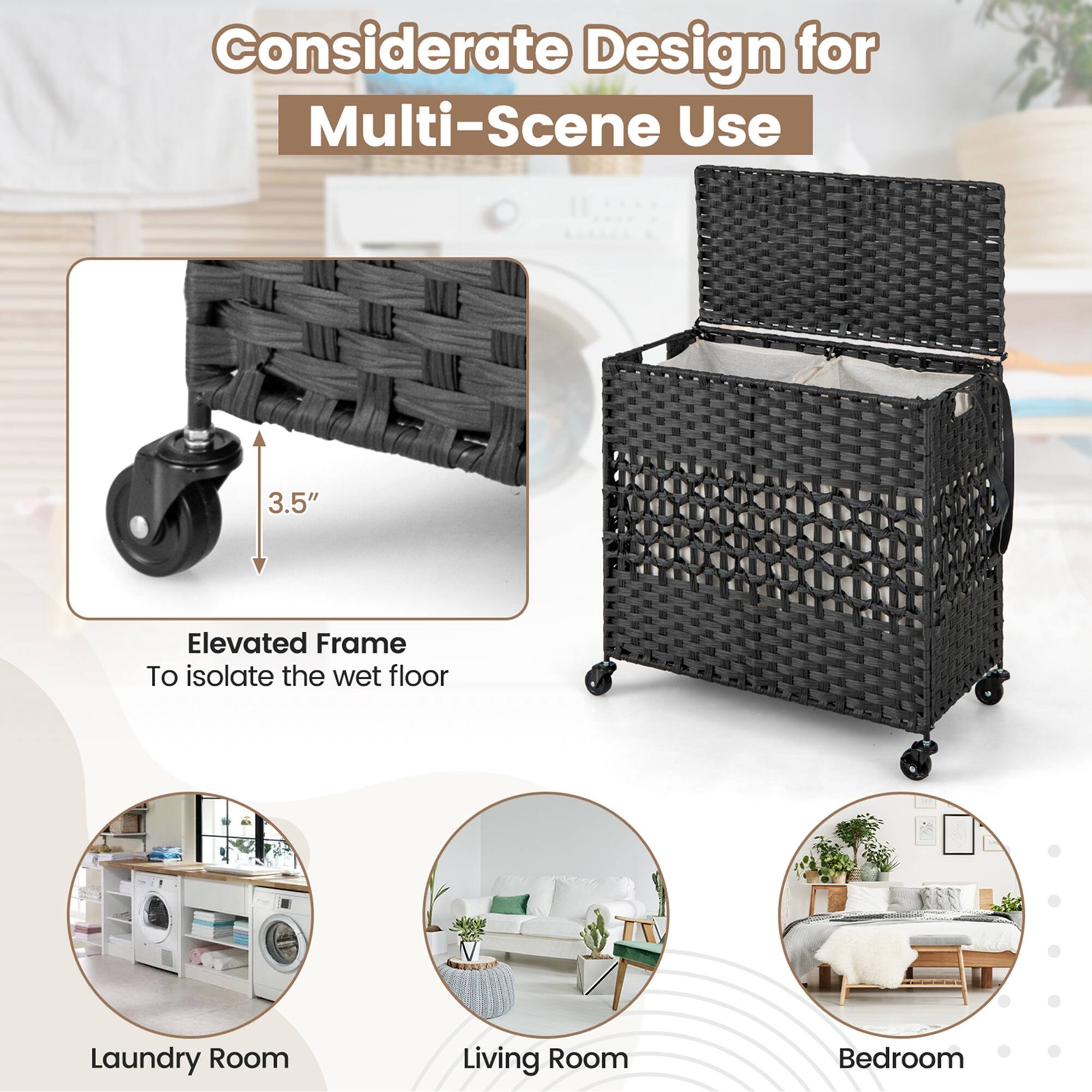 Considerate Design for Multi-Scene Use:

1. Elevated Frame: To isolate the wet floor
2. Laundry Room
3. Living Room
4. Bedroom