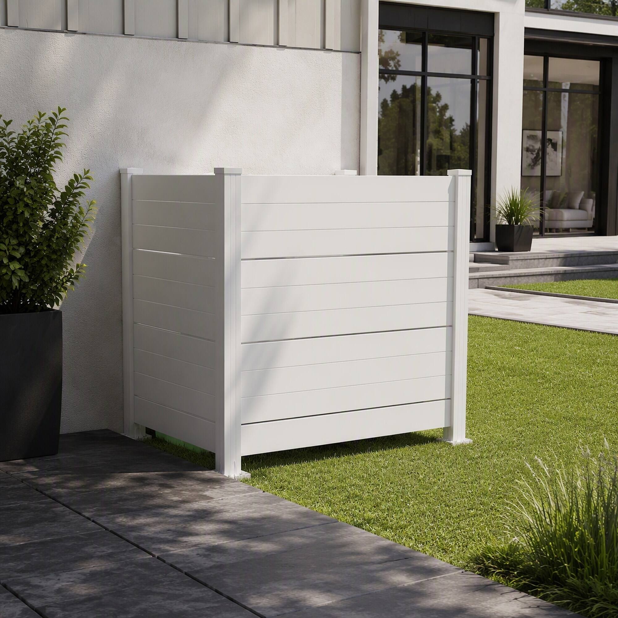 Angle. RYHNUYNE - 2-Panel Outdoor Privacy Screen in White with Aluminum Posts for Air Conditioner, Trash Can, or Garden Enclosure - White.