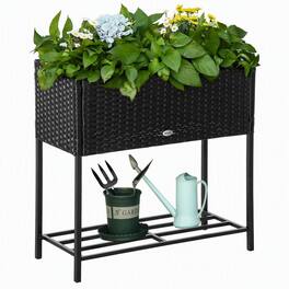 RYHNUYNE - Raised Garden Bed Planter Box with Rattan Look, Steel Frame, Storage Shelf, Portable for Herbs Vegetables Flowers - Black