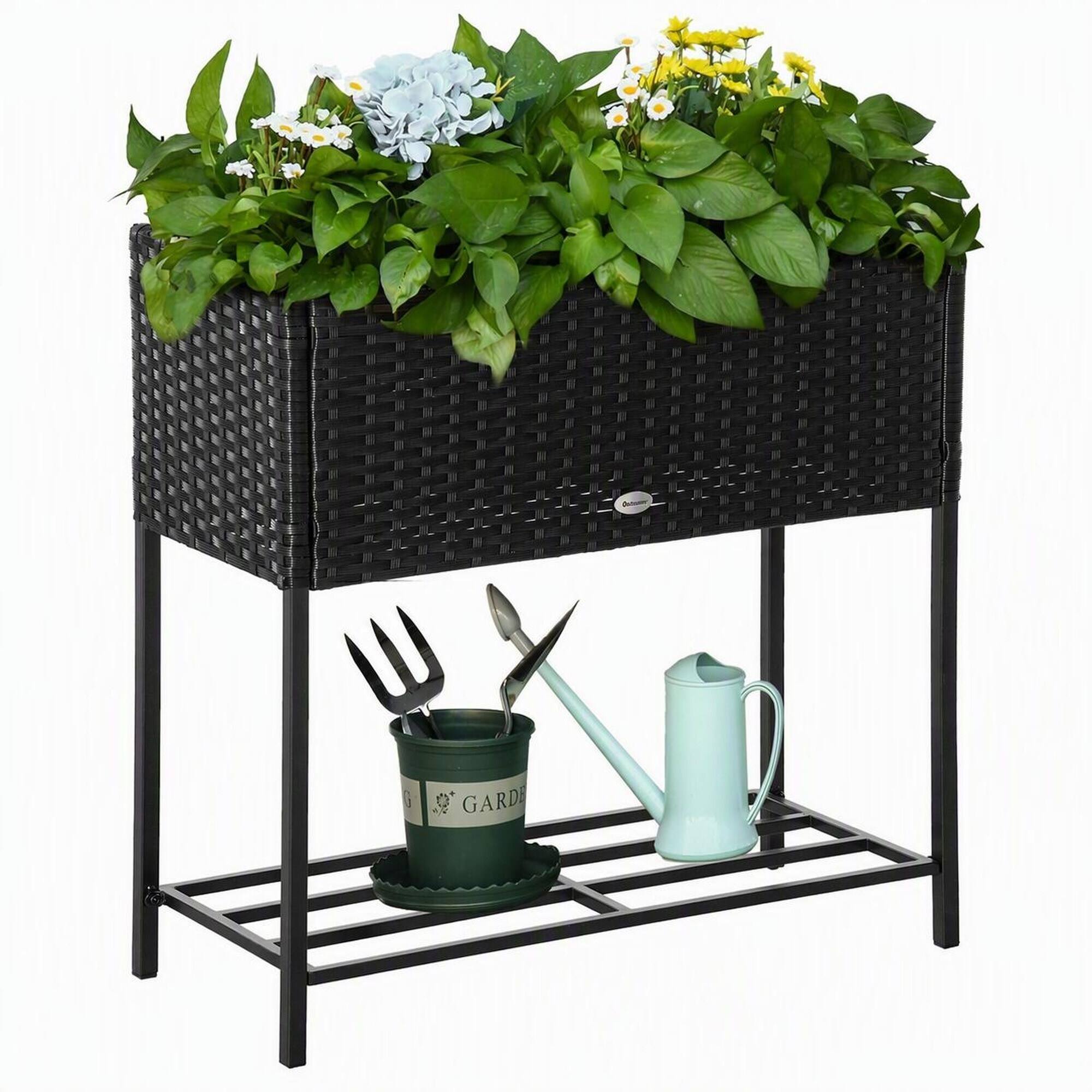 Front. RYHNUYNE - Raised Garden Bed Planter Box with Rattan Look, Steel Frame, Storage Shelf, Portable for Herbs Vegetables Flowers - Black.