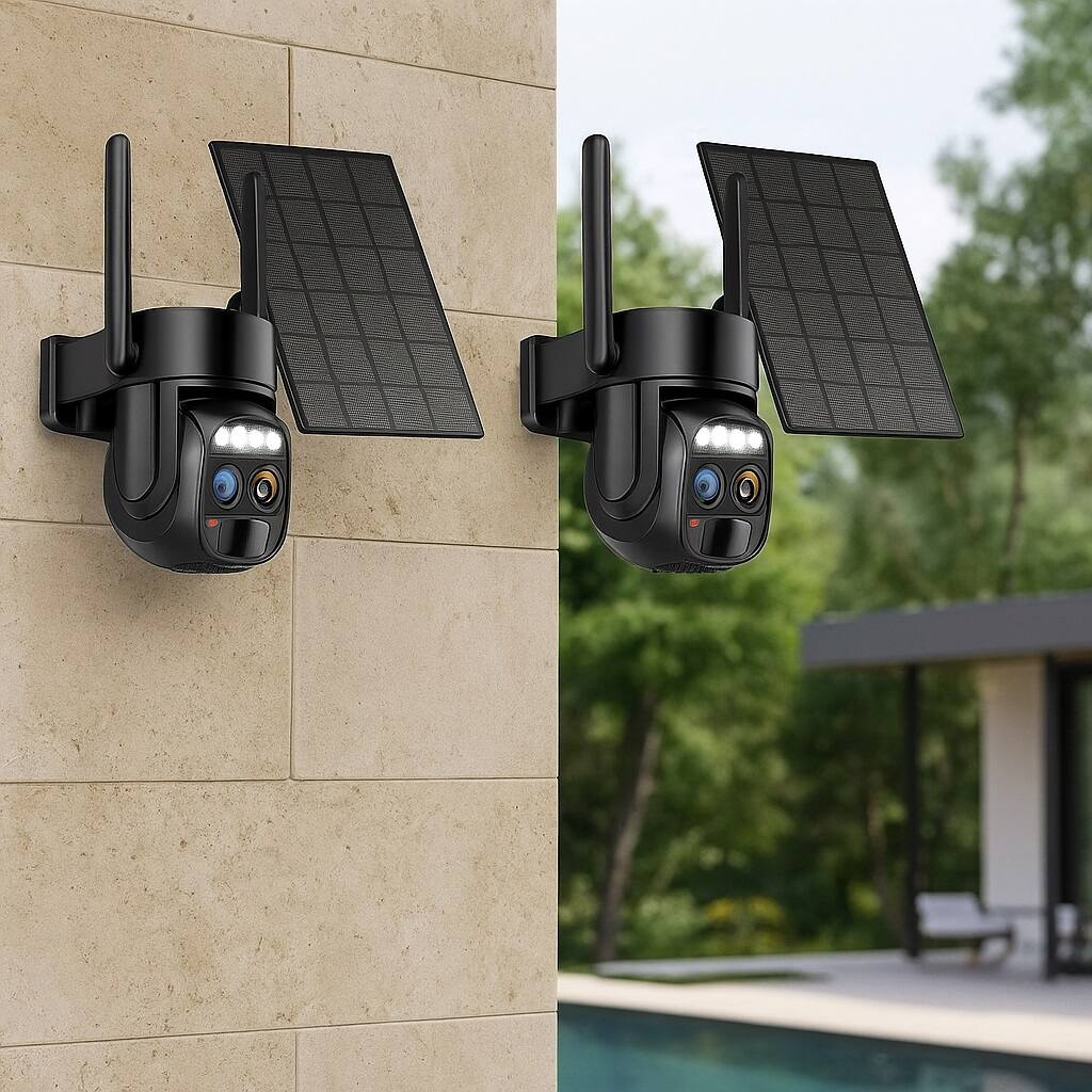 Zell Electronics - 2K Solar Security Cameras 2pcs 10× Zoom, 360° View, AI Motion, Color Night, Spotlight & Audio - Black