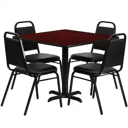 Flash Furniture - Carlton 36'' Square Mahogany Laminate Table Set with X-Base and 4 Trapezoidal Back Banquet Chairs - Black
