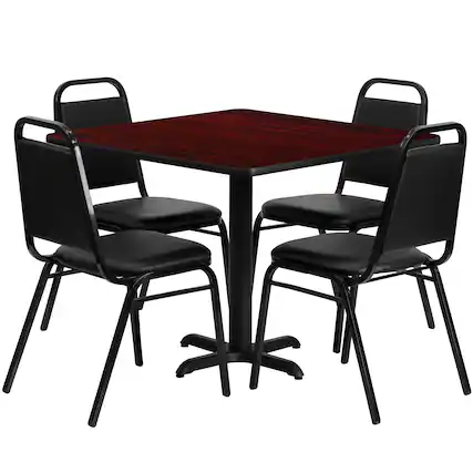 Front. Emma + Oliver - 36" Square Laminate X-Base Table Set with 4 Banquet Chairs - Mahogany Top/Black Vinyl Seat.