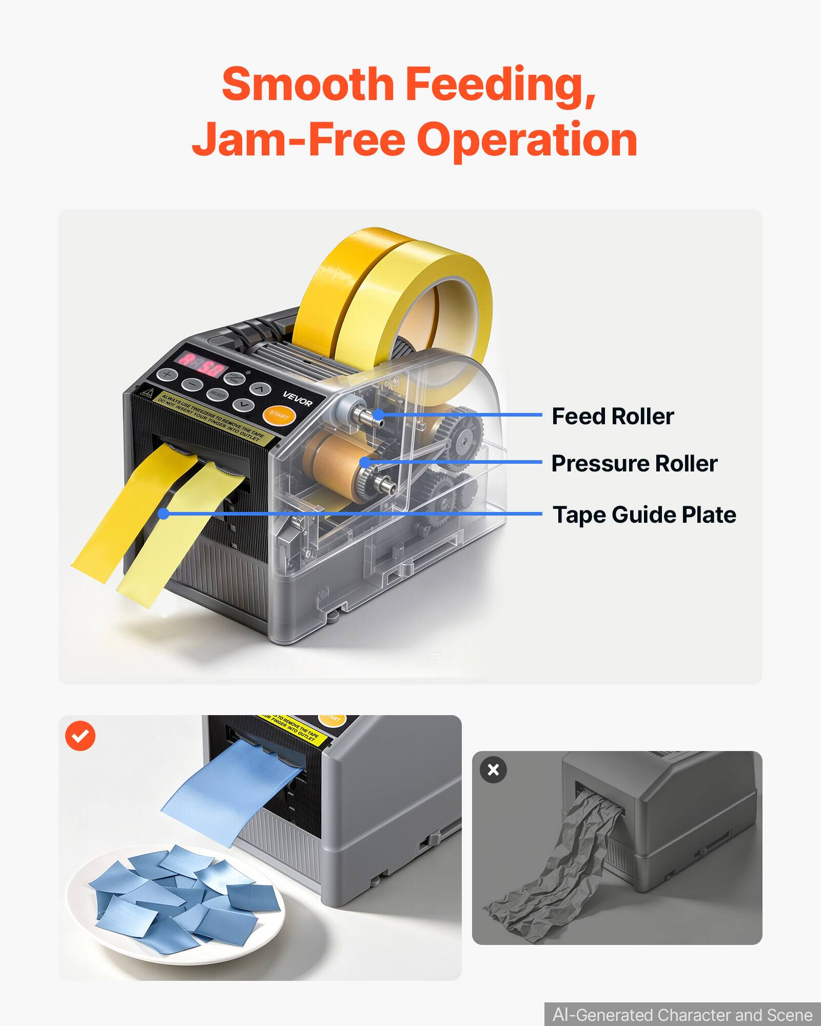 Smooth Feeding, Jam-Free Operation

30 ISTRIVE MEAT VEVOR WINGS YOU! NIN START TWEEN WHERGY 13-0725 HAPPY

Feed Roller Pressure Roller
Tape Guide Plate

- PINUER - - WIVE THERAPE
MIT

X

AI-Generated Character and Scene