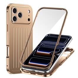 Dteck - Full Body Case for Apple iPhone 17 Pro Max with Built-in Glass Screen Protector, Aluminum Alloy Bumper Rugged Cover - Gold