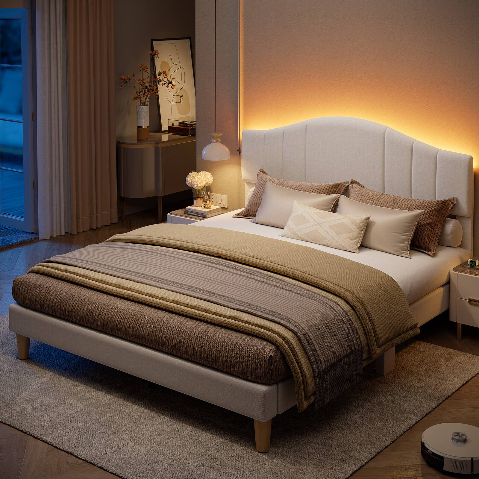Angle. Pinmoco - Pinmoco - Upholstered Platform Bed Frame with Adjustable LED Arc Headboard - Fabric Beige.