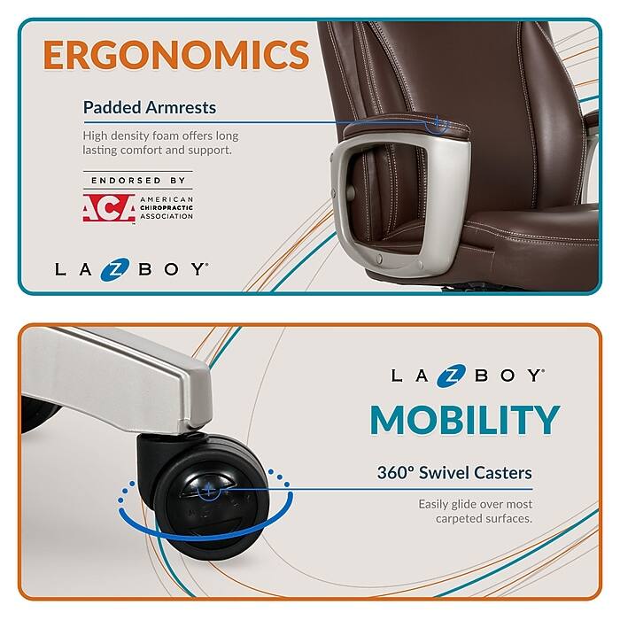 ERGONOMICS  
Padded Armrests  
High density foam offers long lasting comfort and support.  
ENDORSED BY AMERICAN CHIROPRACTIC ASSOCIATION  

LA-Z-BOY  

LA-Z-BOY MOBILITY  
360° Swivel Casters  
Easily glide over most carpeted surfaces.