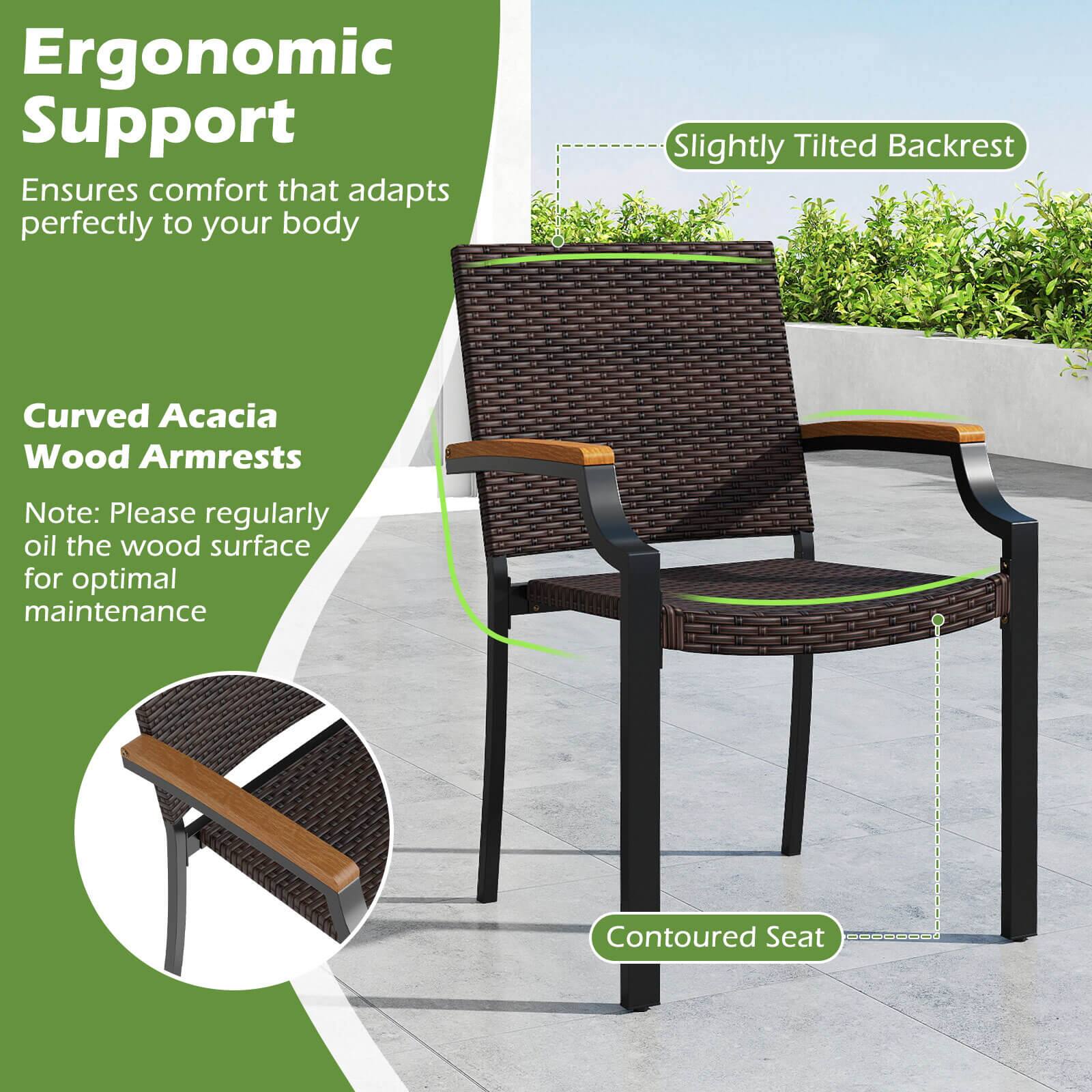 Ergonomic Support  
Ensures comfort that adapts perfectly to your body  

Slightly Tilted Backrest  

Curved Acacia Wood Armrests  
Note: Please regularly oil the wood surface for optimal maintenance  

Contoured Seat
