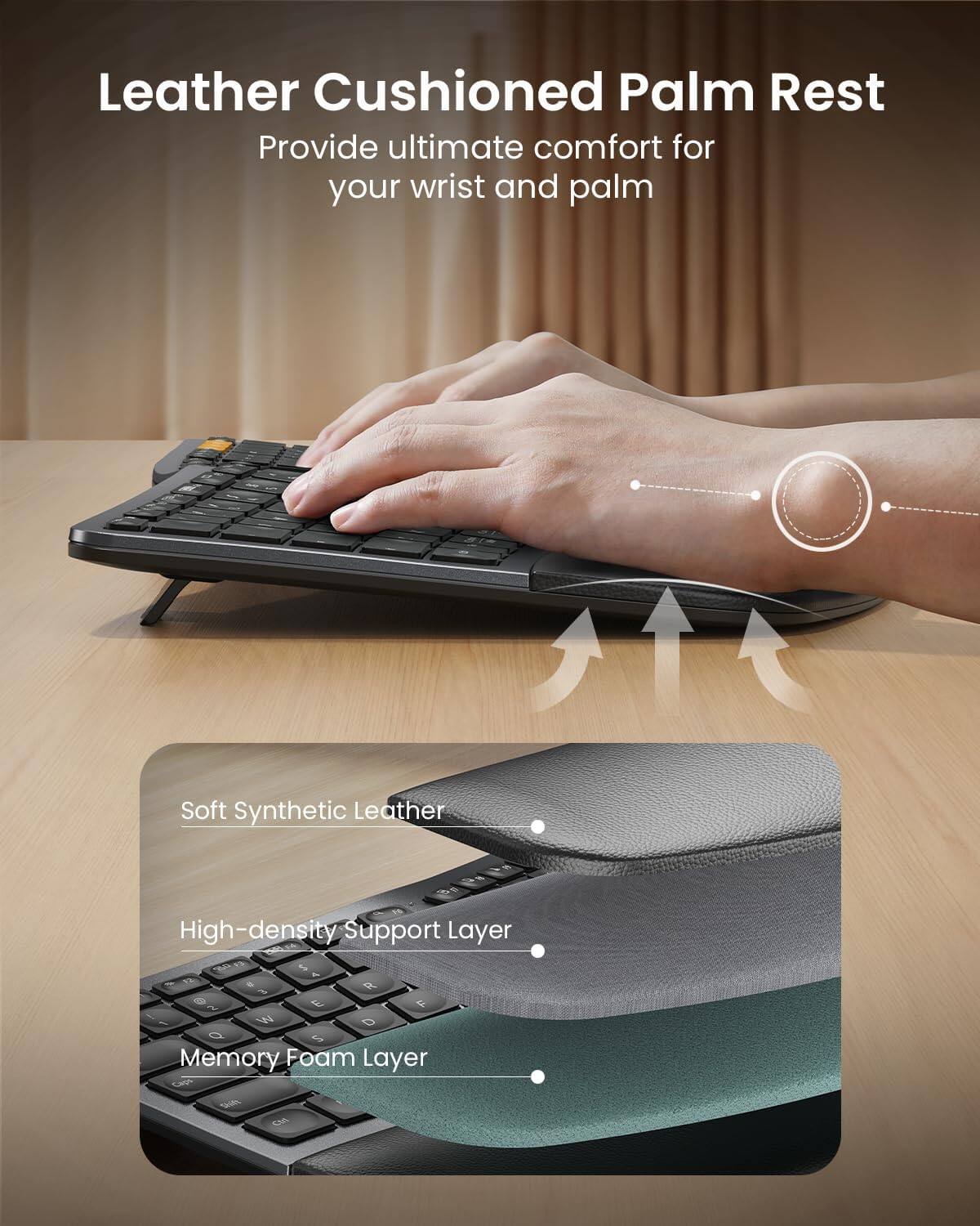 Leather Cushioned Palm Rest  
Provide ultimate comfort for your wrist and palm  

Soft Synthetic Leather  
High-density Support Layer  
Memory Foam Layer