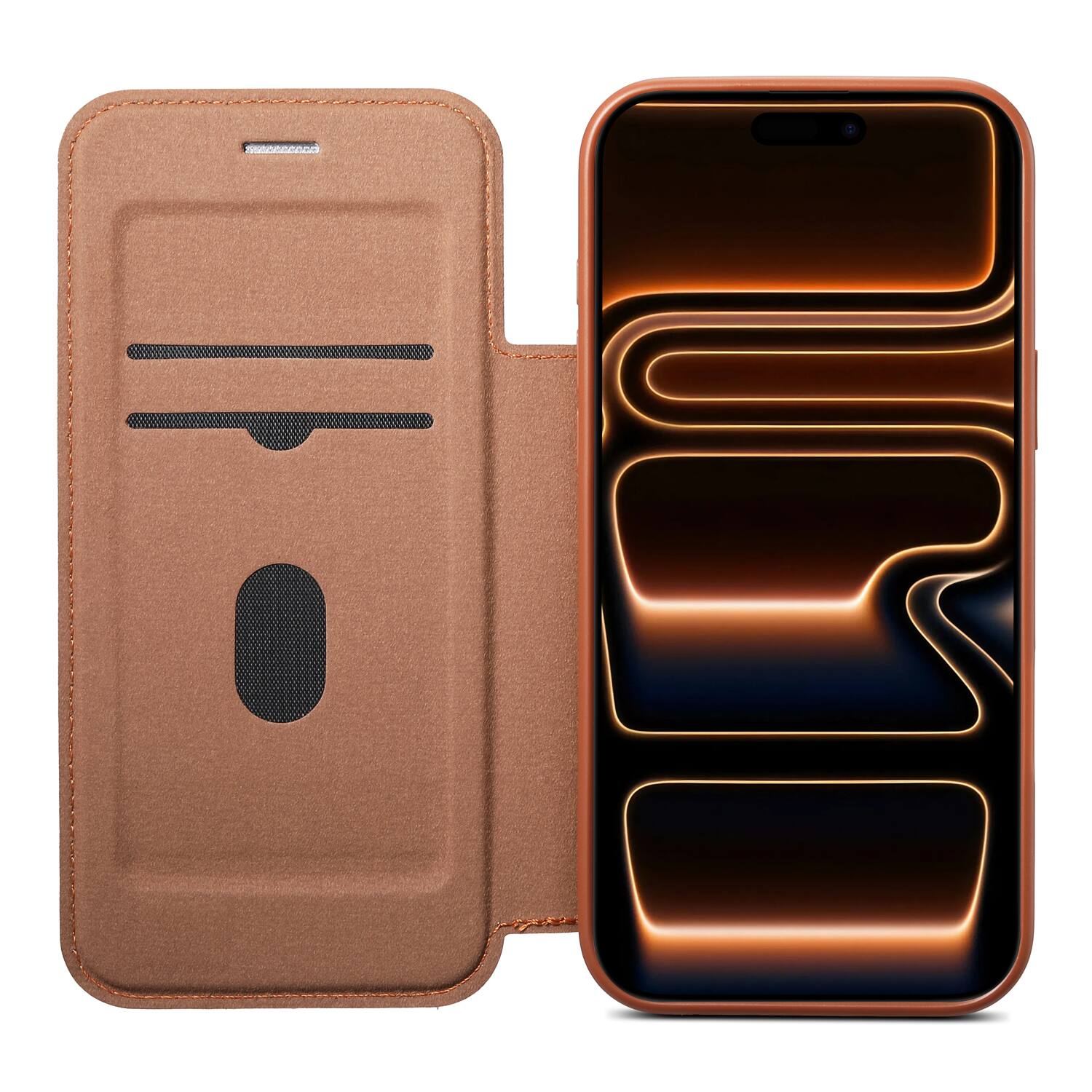 Angle. Dteck - Ultra-Thin Faux Leather Card Slot Case for Apple iPhone 17 Pro Max,Wireless Charging,Flip Card Pocket Phone Cover - Brown.