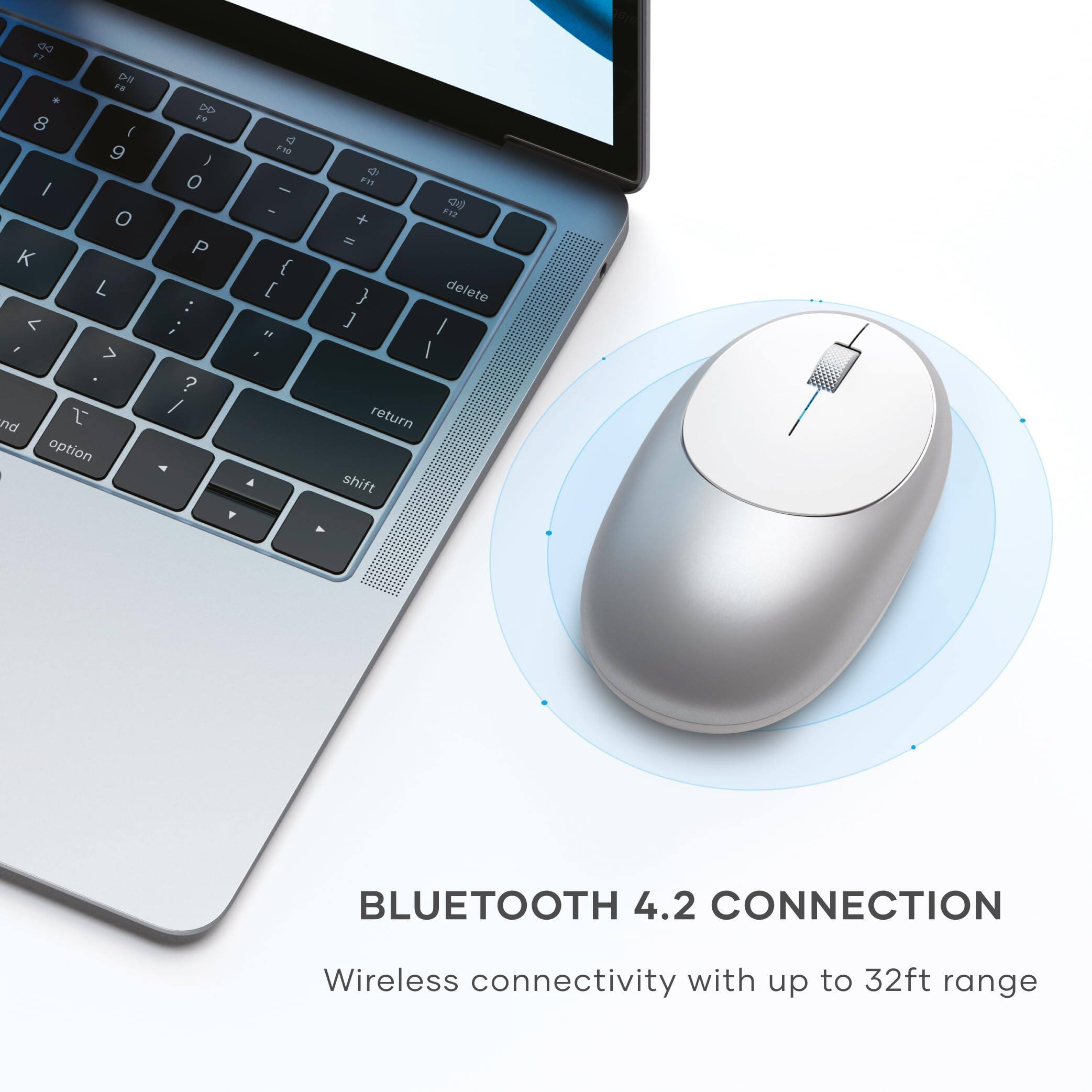 00 7 DU FR . 8 ( 9 I O K L < F > nd t option | DO ** I O P r ? / - Y e F10 - - { [ " . A di Fe  + F12 I } delete ] I I return shift BLUETOOTH 4.2 CONNECTION Wireless connectivity with up to 32ft range