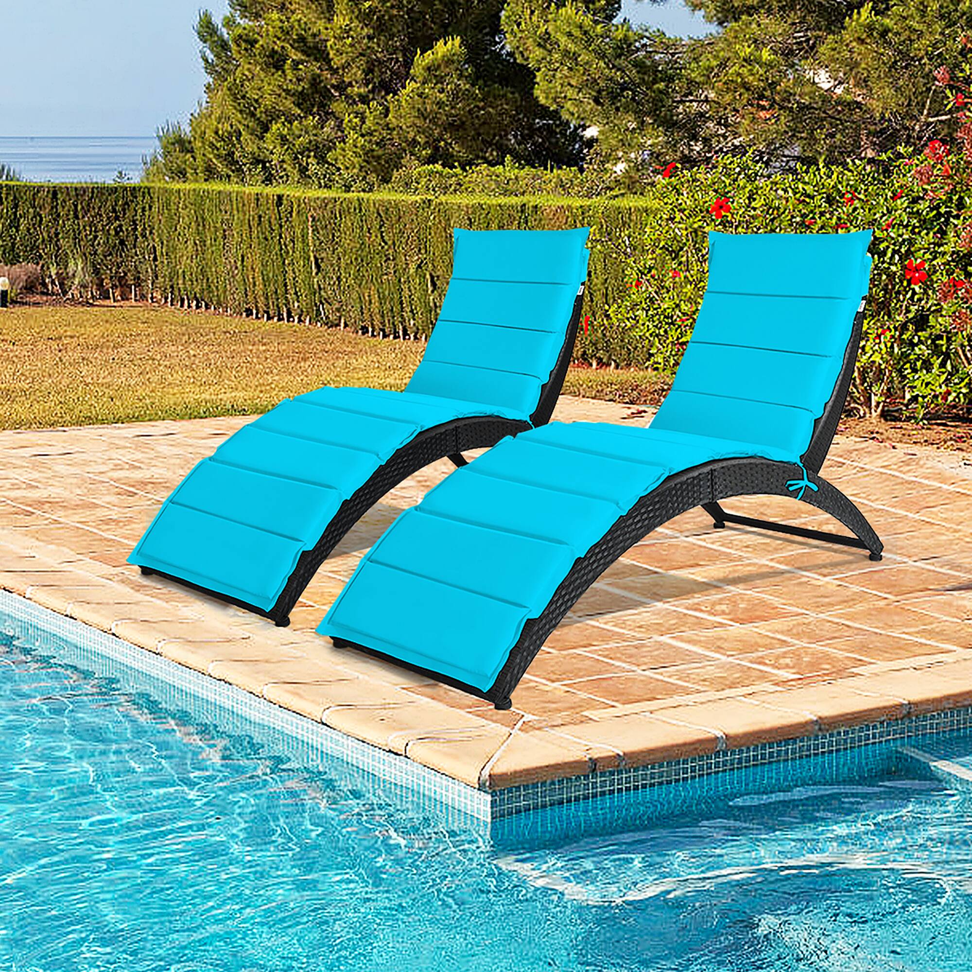 Alt View 1. Costway - 2PCS Folding Patio Rattan Lounge Chair Chaise Cushioned Portable Garden - Turquoise.
