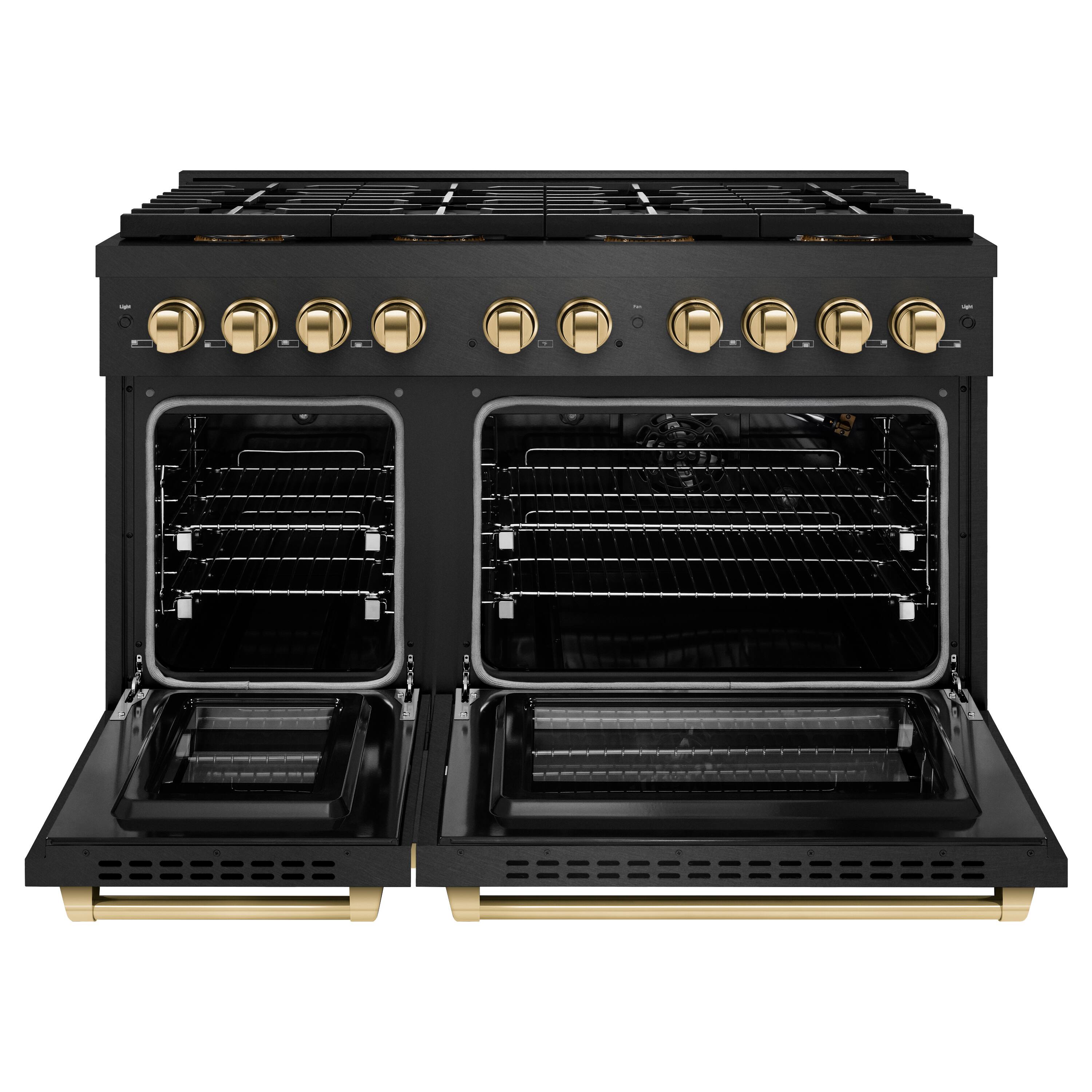Angle. ZLINE - Autograph 48 in. 6.7 cu. ft. Double Oven Freestanding DuoPro Gas Range in Black Satin Stainless Steel and Gold Accents - Black Satin Stainless Steel.