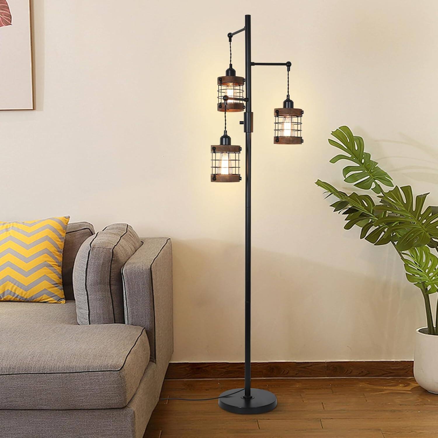Alt View 2. Z-Edge - Dimmable Floor Lamps for Living Room, 3-Light Industrial Floor Lamp with Wood & Metal Cage, Standing Lamp Tall Tree Lamp - Black.