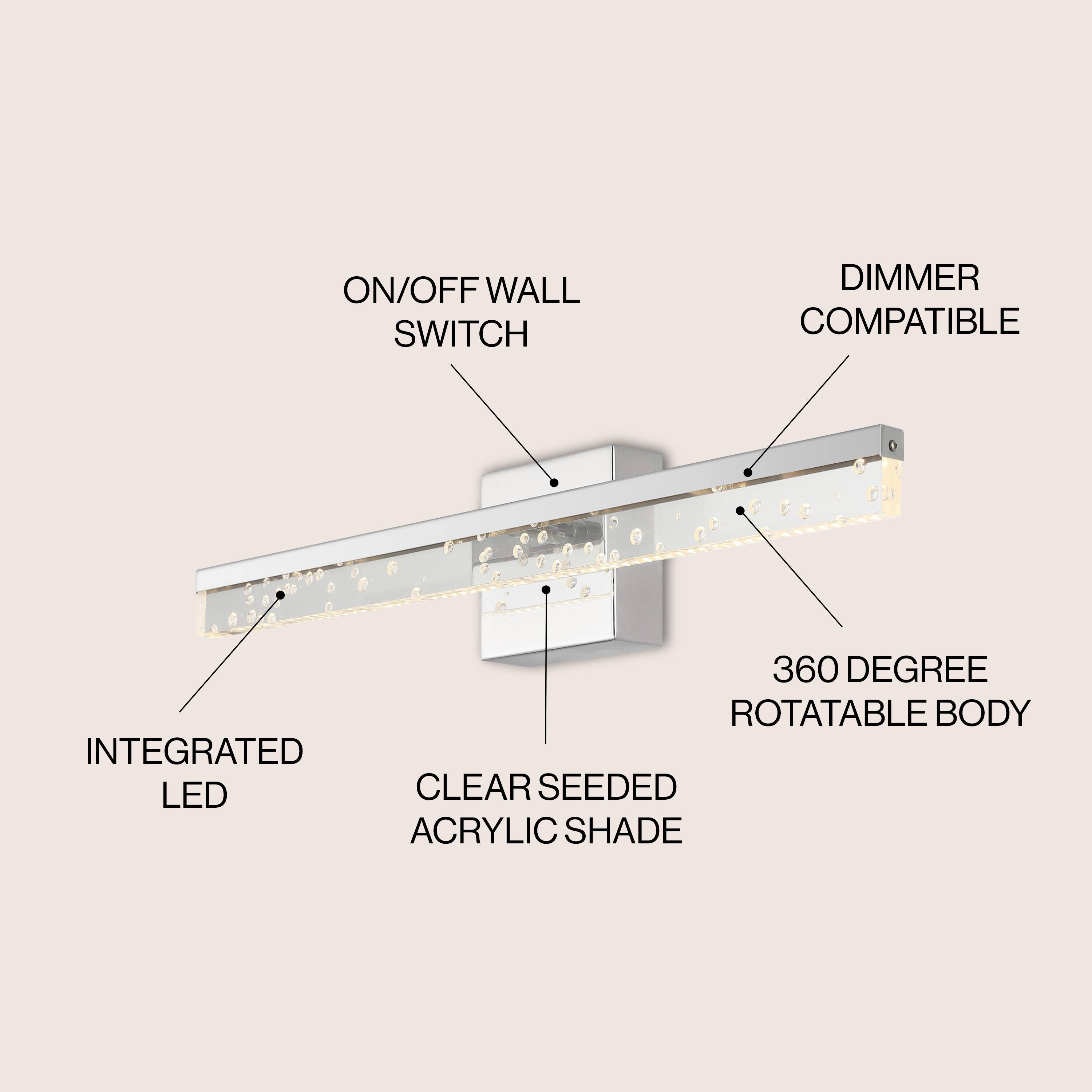 ON/OFF WALL SWITCH DIMMER COMPATIBLE 360 DEGREE ROTATABLE BODY INTEGRATED LED CLEAR SEEDED ACRYLIC SHADE