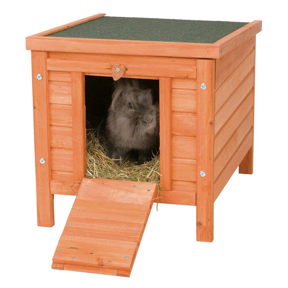 Angle. TRIXIE - Outdoor Wooden Small Animal Home with Hinged Roof, Raised Floor for Rabbits - Brown.