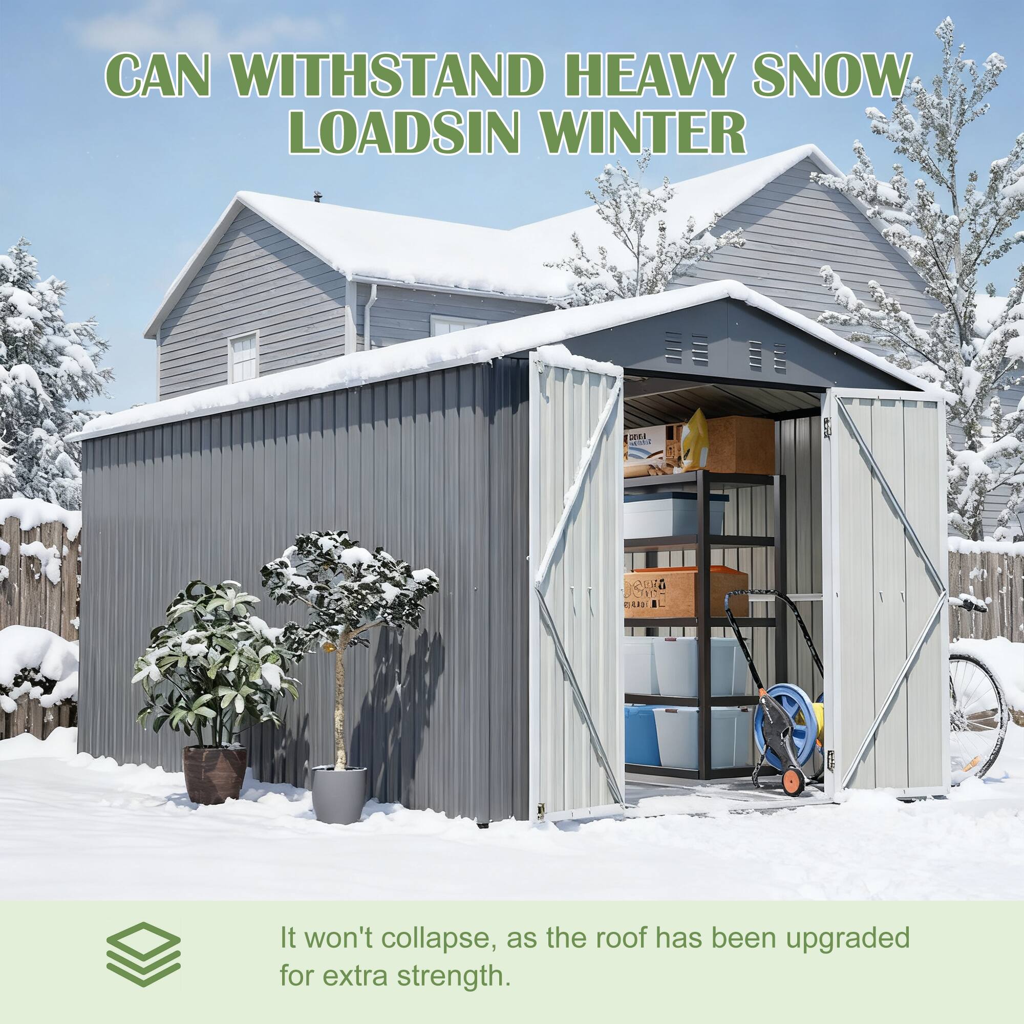 Back. Lirago - 8x12 FT Outdoor Storage Shed All-Weather Metal Shed with Lockable Doors - Gray.