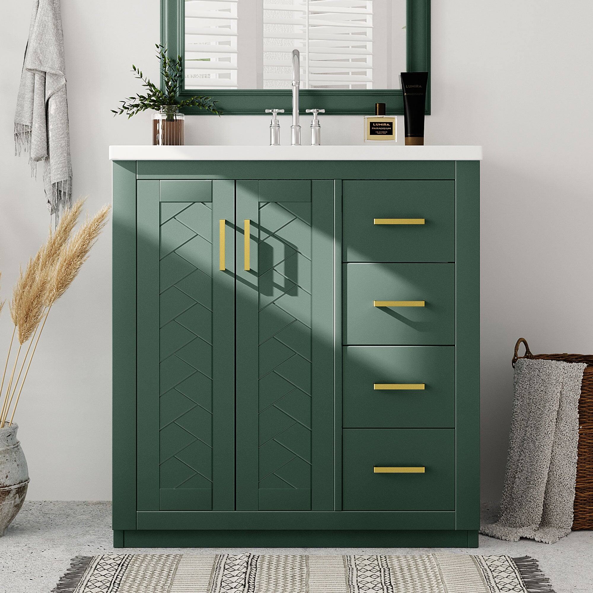 Alt View 4. Boyel Living - 30 Inch Bathroom Vanity Green with Ceramic Sink Solid Wood Frame 3 Drawers - Green.
