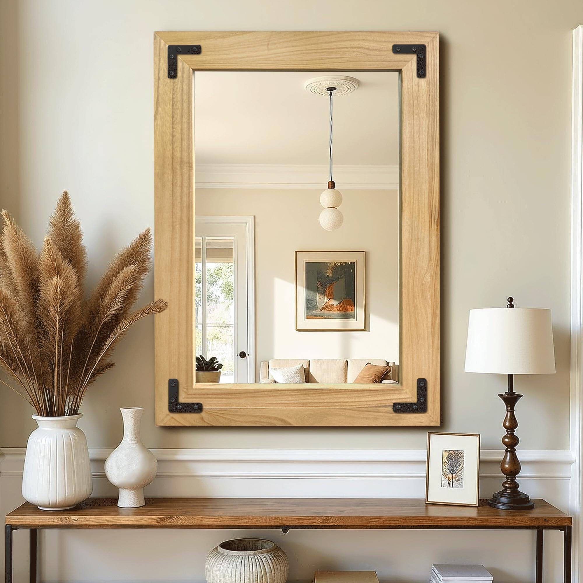 Front. Dazzling Pops - Bathroom Mirror For Wall With Wooden Frame Solid Wood Vanity Farmhouse Bedroom Decor Vertical Or Horizontal - White 28"L x 20"W.