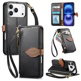 Dteck - Case for Apple iPhone 18 Pro Shockproof Flip PU Leather Zipper Card Slot Leaf Magnetic Buckle Wallet Cover With Strap - Black