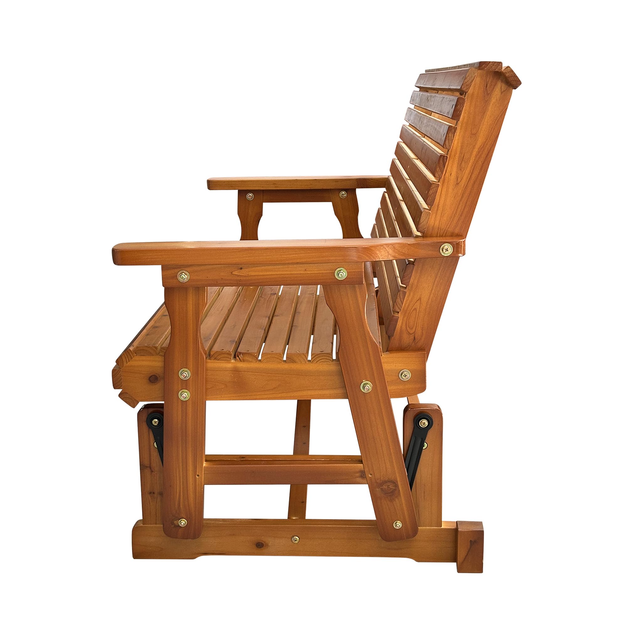 Left. Fortune Candy - Wooden Patio Glider with High Roll Back and Deep Contoured Seat, Solid Fir Wood, 2-Seater, Heavy Duty 800 LBS, 4 Ft - Teak Tone.