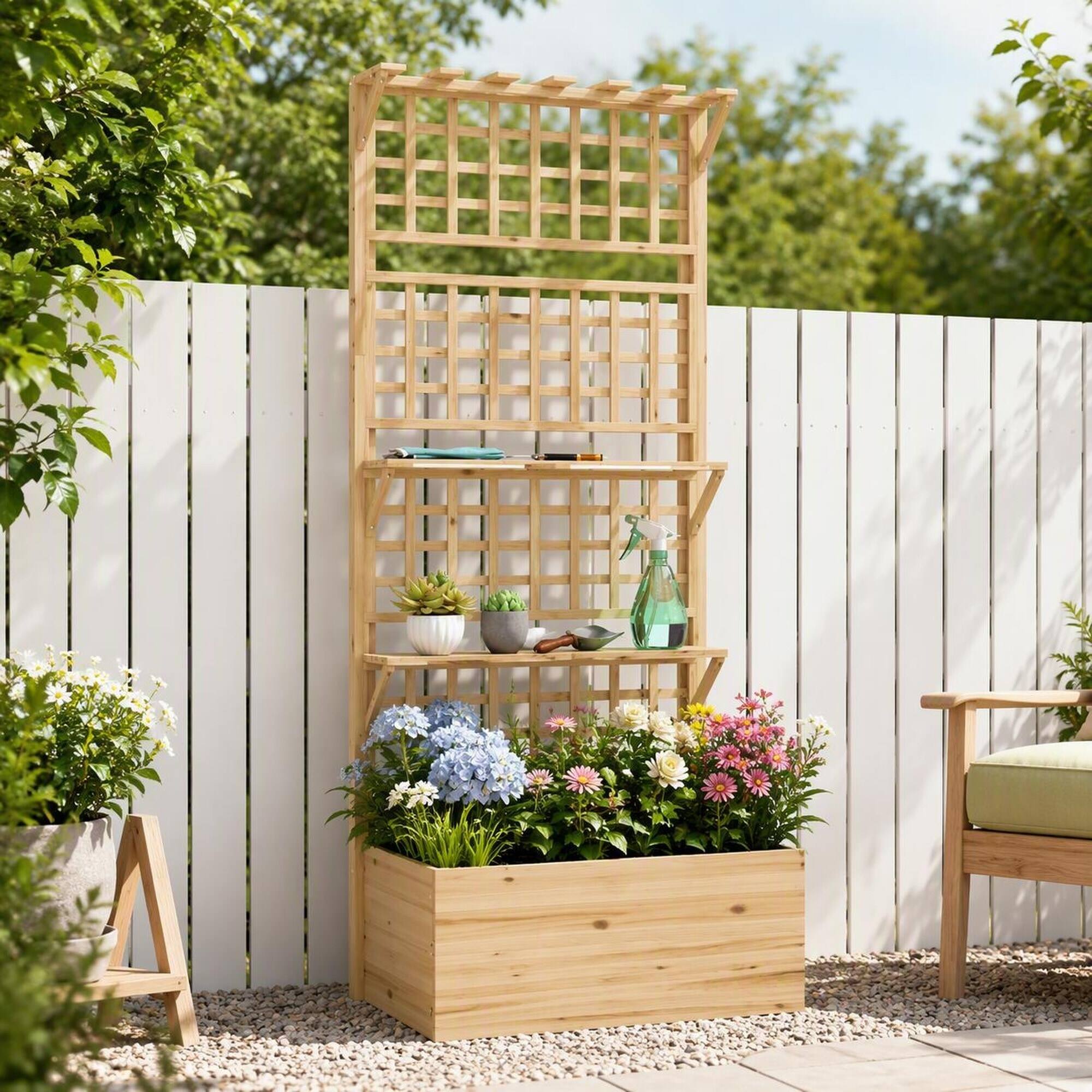 Back. RYHNUYNE - Wooden Raised Garden Bed with Trellis and Storage Shelves, Fir Wood Planter Box for Climbing Plants, Natural - Natural Wood.
