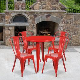 Emma + Oliver - Commercial Grade 30" Round Metal Indoor-Outdoor Table Set with 4 Cafe Chairs - Red