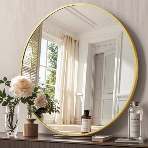 Comfort Essence - Round Mirror Metal Frame Circle Bathroom For Wall Decor Living Room Entryway Elegant Mirror: With elegant - Gold-28"L x 28"W