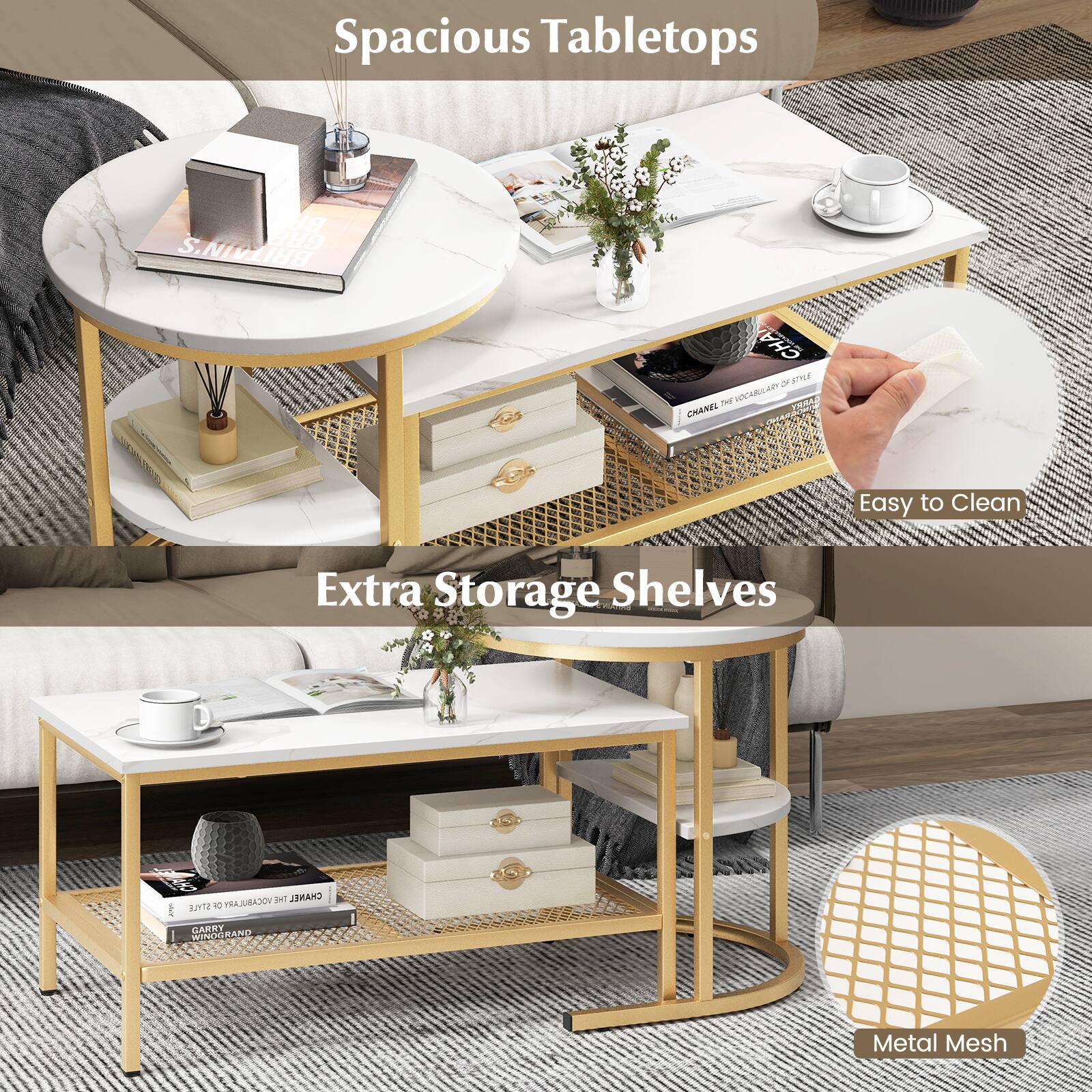 The text on the image is grouped and corrected as follows:

Spacious Tabletops:
- Extra Storage Shelves
- Easy to Clean
- Metal Mesh

This grouping and correction provide a clear and concise description of the features of the tabletops.