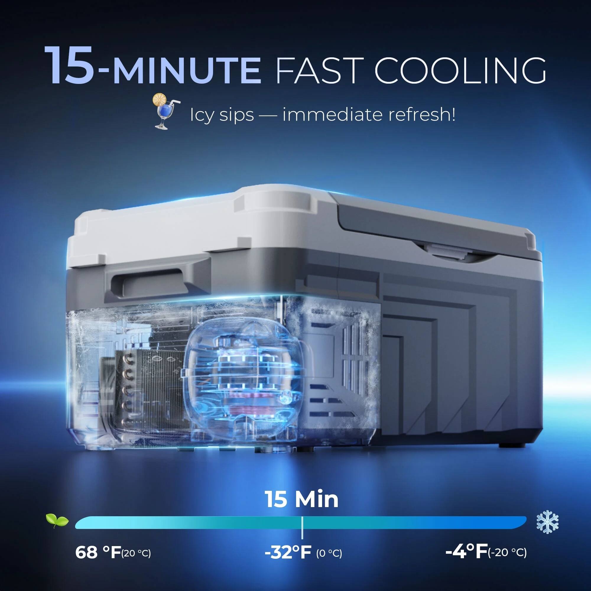 15-MINUTE FAST COOLING: Icy sips - immediate refresh!
15 Min
68 F (20°C)
-32 F (0°C)
-4 F (-20°C)