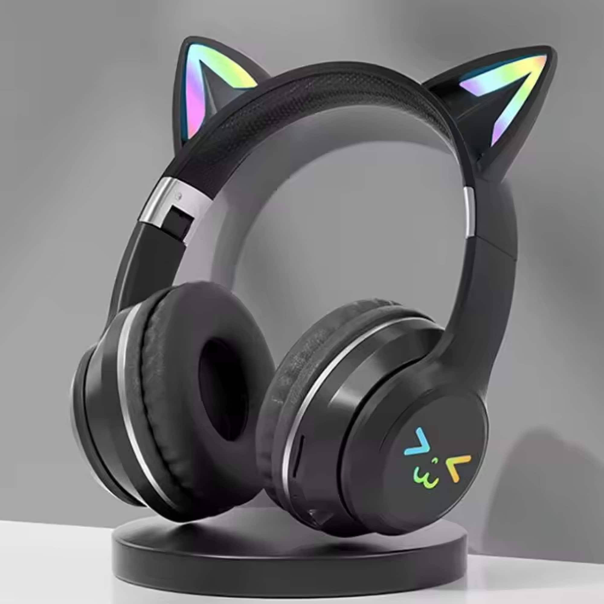 YONWAY - Cute Cat Ear Bluetooth Headsets, LED Light Up Over Ear Headphones, Foldable Wireless Earphones for iPhone, iPad, Laptop