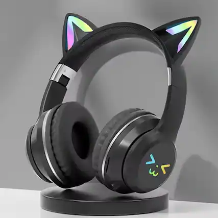 Front. YONWAY - Cute Cat Ear Bluetooth Headsets, LED Light Up Over Ear Headphones, Foldable Wireless Earphones for iPhone, iPad, Laptop.