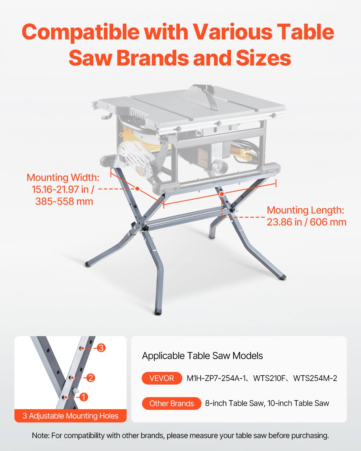 Compatible with Various Table Saw Brands and Sizes

Mounting Width: 15.16-21.97 in / 385-558 mm

Mounting Length: 23.86 in / 606 mm

Applicable Table Saw Models

VEVOR
- M1H-ZP7-254A-1
- WTS210F
- WTS254M-2

Other Brands
- 8-inch Table Saw
- 10-inch Table Saw

3 Adjustable Mounting Holes

Note: For compatibility with other brands, please measure your table saw before purchasing.