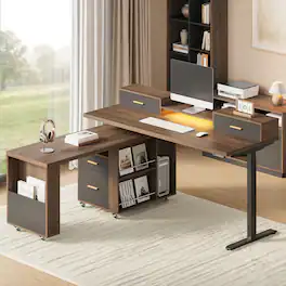 ModernMate - 61" L Shaped Electric Standing Desk with 360° Rotating Cabinet, LED Light, Power Outlet - Black Walnut