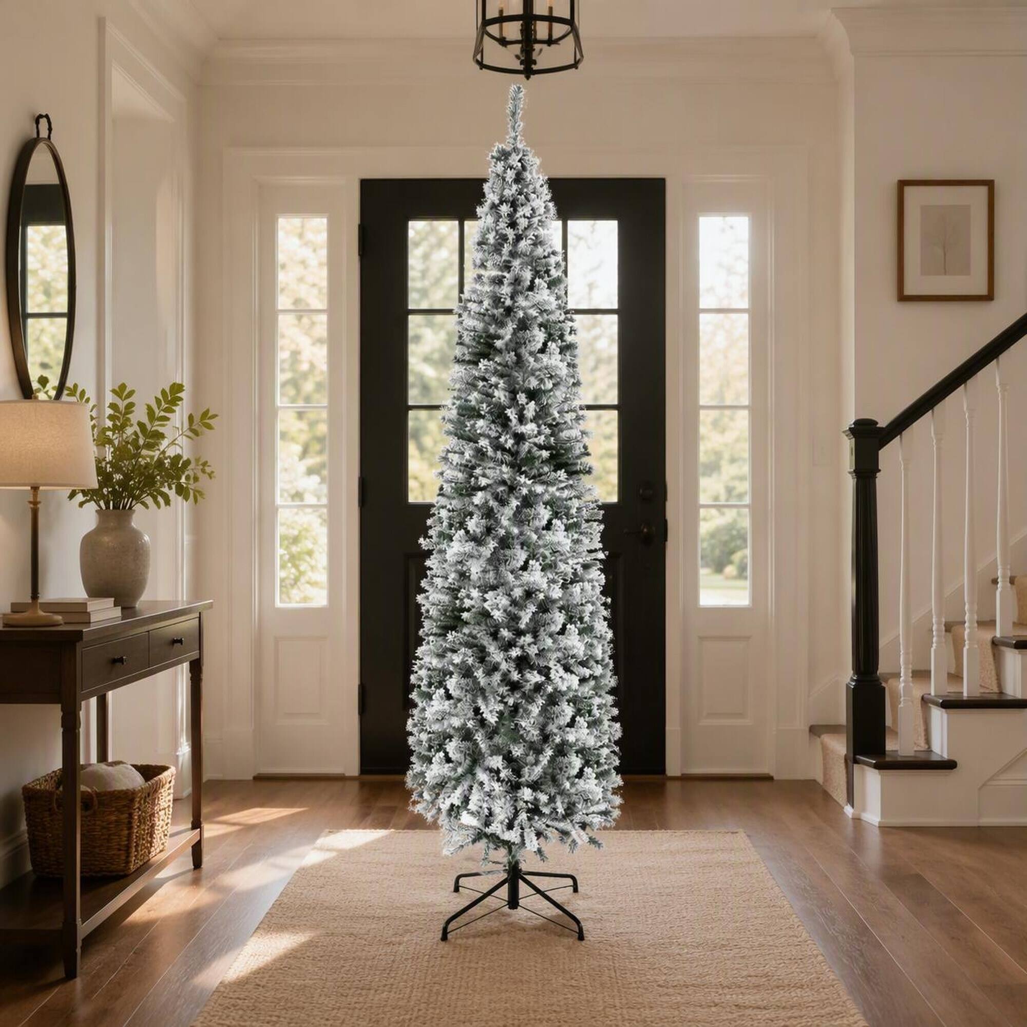 Alt View 1. RYHNUYNE - 9Ft Flocked Pencil Artificial Christmas Tree, Faux Snow Realistic Branches Bendable Design Indoor Holiday Home Decor - Green.