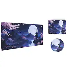Front. Oumilen - Japanese Moonlit Pagoda Gaming Mouse Pad - 31.5" × 11.8" Large Extended Desk Mat with Non-Slip Base, Waterproof Surface - Black.