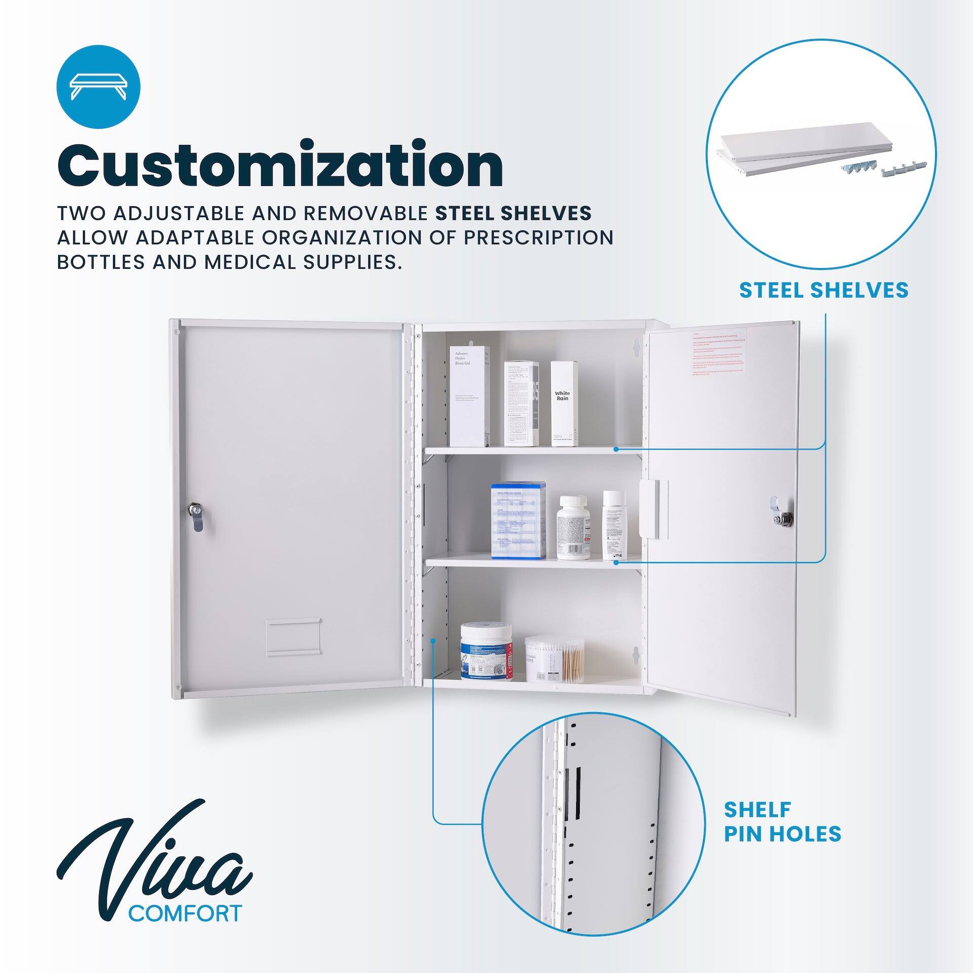 Customization TWO ADJUSTABLE AND REMOVABLE STEEL SHELVES ALLOW ADAPTABLE ORGANIZATION OF PRESCRIPTION BOTTLES AND MEDICAL SUPPLIES. STEEL SHELVES | SHELF PIN HOLES | Viva COMFORT