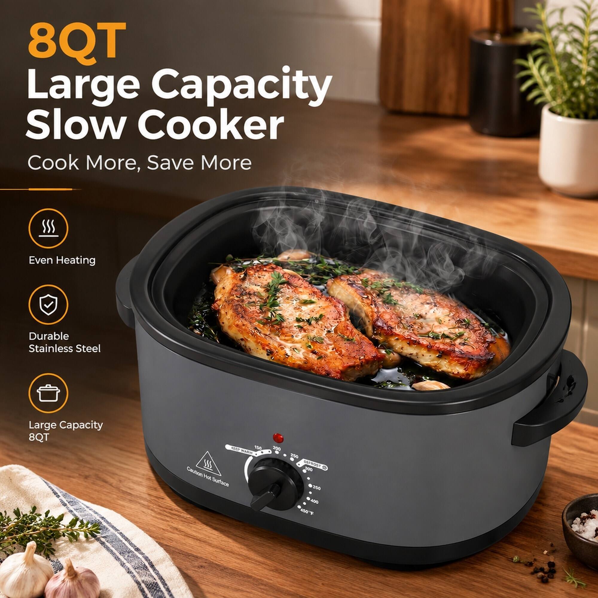 8QT Large Capacity Slow Cooker  
Cook More, Save More  
Even Heating  
Durable Stainless Steel  
Large Capacity 8QT  
Caution Hot Surface  
200 Alt DEFROST 300 2 assa 450F